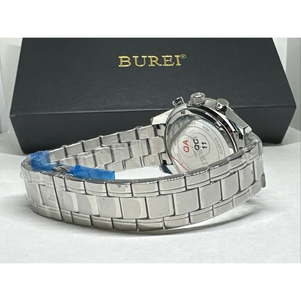 Burei B-7005 Men's Silver Stainless Steel Analog White Dial Quartz Watch XOB26